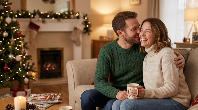 A Heartwarming Scene of a Loving Couple Dressed in Cozy Warm Sweaters Spending Quality Time Together in the Living Room on Christmas or New Year's Eve Smiling Kissing and Having Fun loving couple