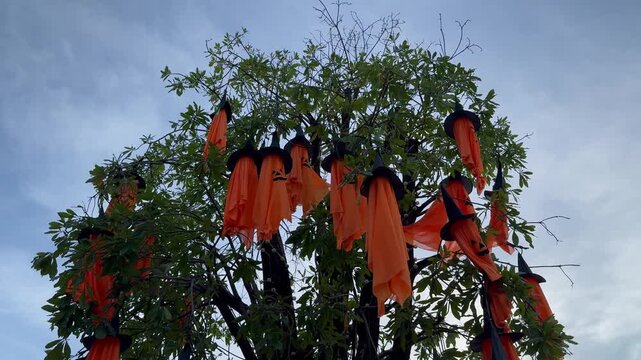 Upward tilt shot of hanging Halloween ghost decorations swaying from a tree against a cloudy sky, spooky outdoor display.