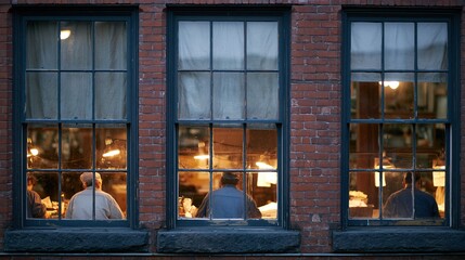 Fototapeta premium Three men working late inside a brick building seen through large, old-fashioned windows with warm interior lighting.