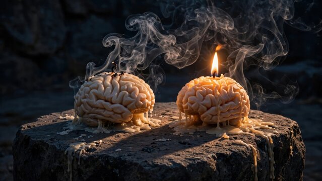 Two Brain Shaped Candles Melting on a Wooden Surface with Smoke.