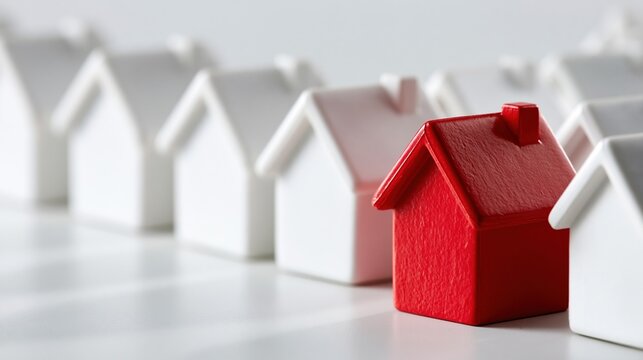 Red miniature house stands out from a row of identical white houses, symbolizing unique property or investment opportunity