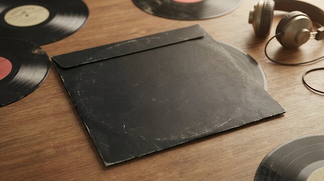 Old vinyl CD record cover package envelope template mock up featuring black scratched shabby paper cardboard square texture for music album packaging design old vinyl CD record cover package envelope