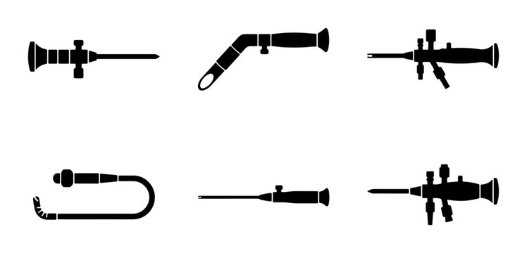 Medical Endoscope Icons Set, Surgical Instruments, Diagnostic Tools, Vector Graphics