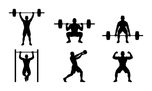 Fitness Silhouette Icons, Weightlifting & Bodybuilding Poses, Gym Workout Vector Set
