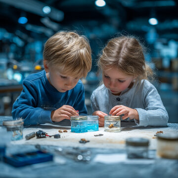 Young brother and sister investigating science experiments in a classroom laboratory