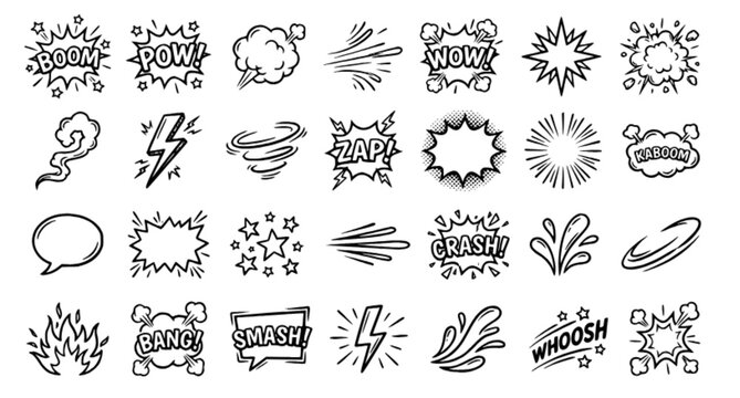 Comic Boom Speech Bubble and Explosion Effect Line Icon Set with Hand Drawn Doodle Elements Vector