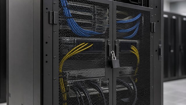 Padlocked mesh door on a network cabinet with structured cabling