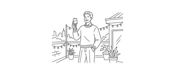 Obraz premium Man holding a wine glass on a rooftop terrace illustration