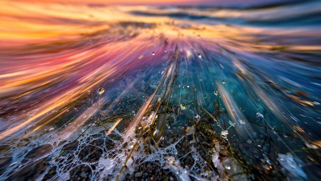 Abstract Swirling Colors Over Cracked Ice Surface.