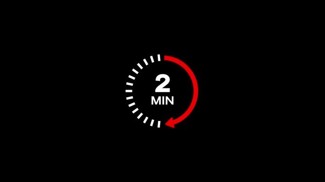 A circular timer the number 2 with the word MIN below it, surrounded by white dashes and a red arrow indicating two minutes remaining against a dark black background