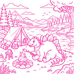 Stegosaurus dinosaur enjoys a relaxing camping trip by a mountain lake while roasting a marshmallow over a crackling campfire in this detailed line art drawing designed for coloring book enthusiasts. © Rokibul