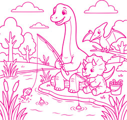 Brachiosaurus and triceratops sit by a peaceful riverbank while fishing with poles, surrounded by lush trees, fluffy clouds, and a pterodactyl perched on a branch in this prehistoric landscape design. © Rokibul