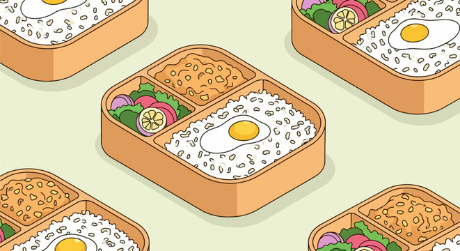 Japanese bento box pattern with rice fried egg and salad