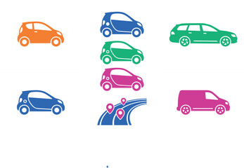 Naklejka premium Colorful Electric Car and Urban Transportation Flat Icon Set Featuring Smart Hatchbacks Station Wagon Road Map Pins and Delivery Van Vector Graphics