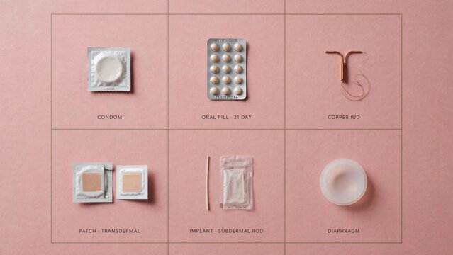 Collection of Contraceptive Methods Displayed on Pink Background.