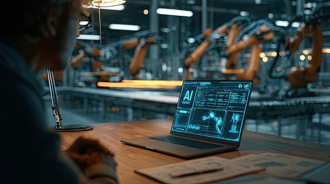 Smart factory automation control system with AI software on a laptop in a modern industrial plant