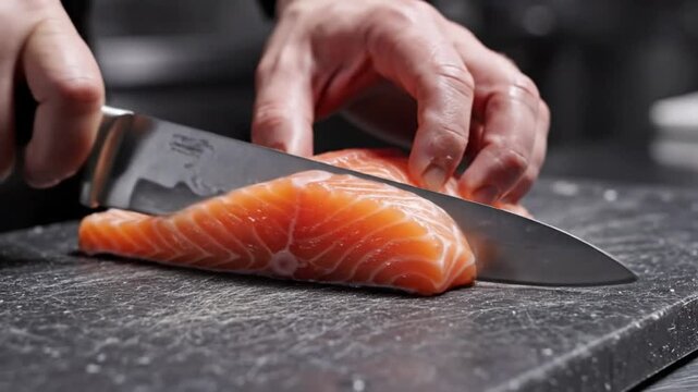 Chef carefully slicing a fresh, vibrant salmon fillet into portions on a textured cutting board