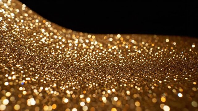 Shimmering gold glitter surface with bokeh effect on black background for luxury or celebratory themes