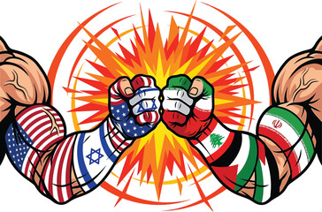Fototapeta premium Two muscular arms clashing with usa, israel, iran, and lebanon flag tattoos
