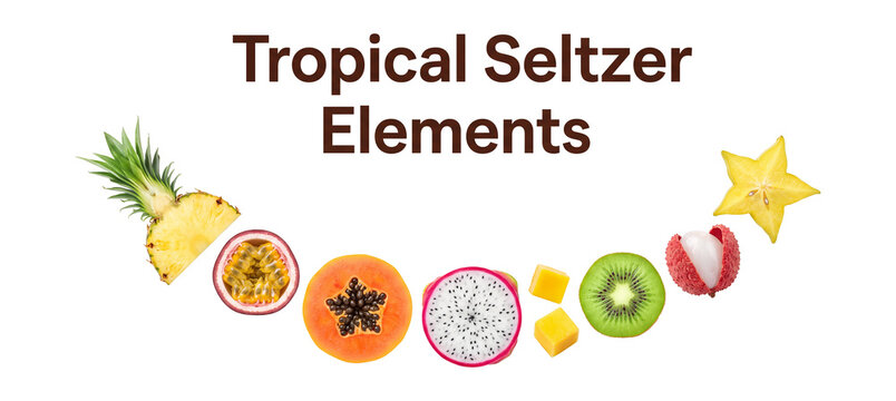 Tropical seltzer elements collection set featuring pineapple passion fruit and dragonfruit design elements isolated on transparent