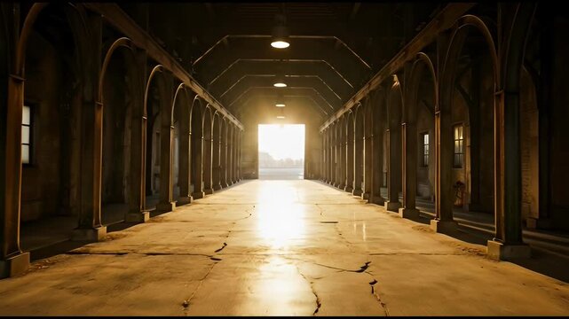 Interior of an old industrial warehouse with sunbeams