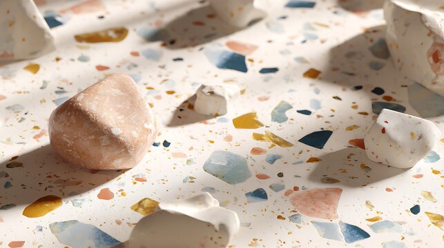 pastel terrazzo pattern texture, light base with soft colored chips, smooth polished surface, seamless composition, modern decorative material background, product display base, soft lighting,