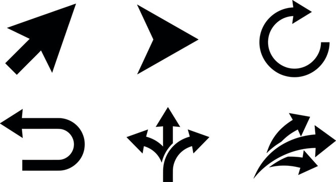 Minimalist interface arrow vector icon set featuring black mouse cursor pointer circular refresh loop u turn split paths and dynamic abstract direction elements
