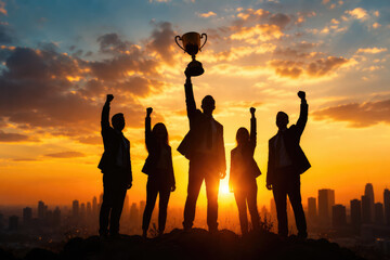 Fototapeta premium Winning Business Team Celebrating Success with Trophy at Sunset