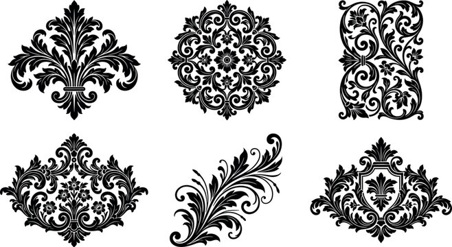 Baroque ornament and damask motif vector set featuring classic vintage filigree scrolls ornate floral crests mandala medallion and decorative shield elements
