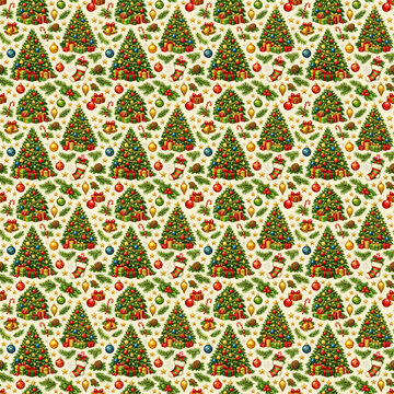 Classic Christmas Tree Seamless Pattern with Ornaments and Gifts
