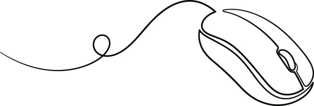 Single path wired computer mouse illustration featuring organic sweeping curve cable loop and clicker scroll wheel contours vector