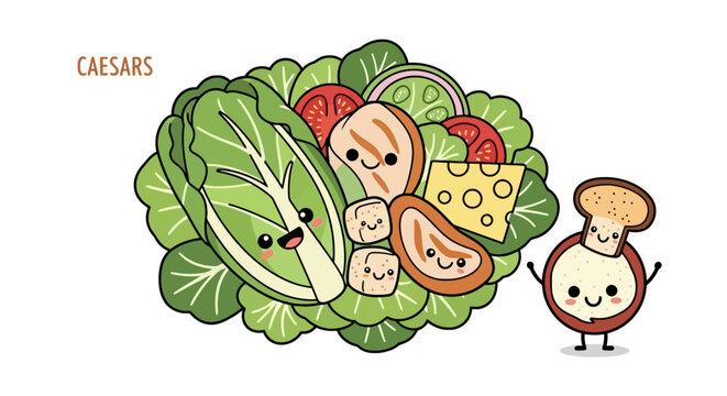 Cute kawaii caesar salad characters with smiling faces