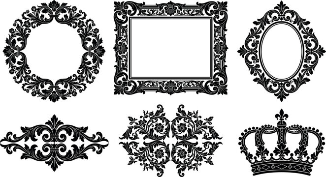 Luxury baroque frame and crown vector set featuring ornate circular mirror border royal shield emblem and vintage filigree scroll design elements