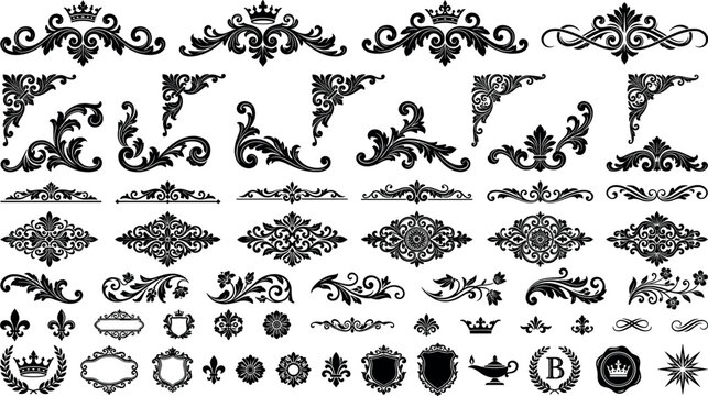 Baroque ornament mega vector bundle featuring classic vintage filigree scrolls ornate damask headers dividers luxury frame corners and shield emblem elements