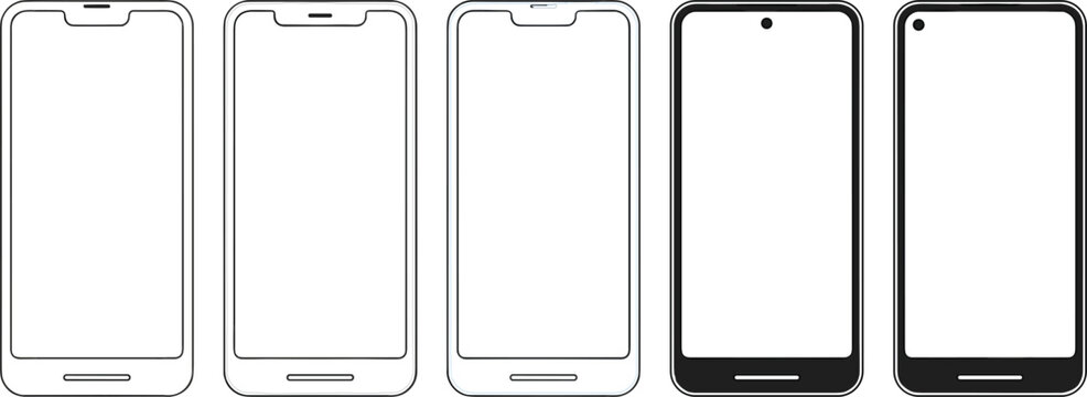 Smartphone mockup vector line icon set featuring various notch and punch hole display designs in linear style