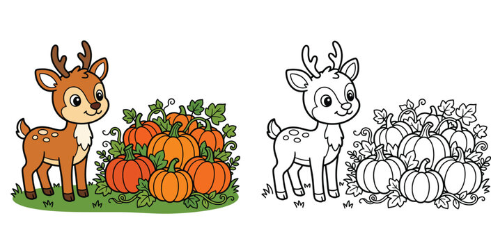 Cute cartoon baby deer fawn with autumn pumpkins
