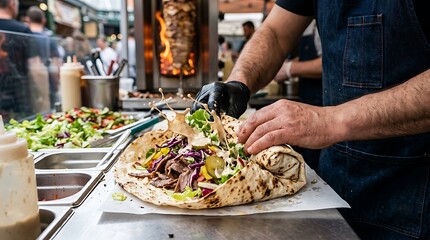 Obraz premium Chef Preparing Delicious Doner Kebab Shawarma Wrap with Fresh Ingredients at Bustling Street Food Stall