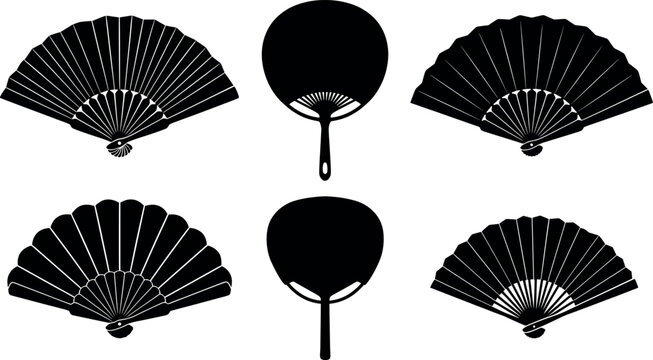 Traditional Asian hand fan silhouette vector set featuring Japanese folding fans sensu and round uchiwa cultural accessory graphic design elements