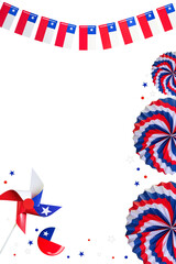 Fototapeta premium Chilean flag bunting, pinwheel, and paper fans decorating a transparent background