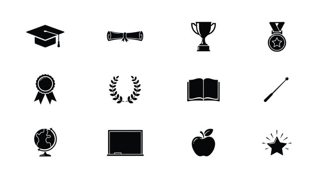 Educational achievement icons set with four three grid minimalist black white icons symbolizing academic success achievement modern flat design style