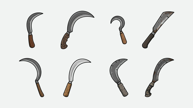 Set of sickle and celurit curved blade farming tools and traditional weapons vector illustration