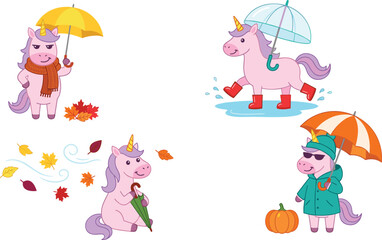 Naklejka premium Cute Pink Unicorn Character Vector Set with Umbrellas Rain Boots Raincoat Leaves and Pumpkin for Autumn and Rainy Weather Illustration Designs