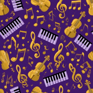 A repeating pattern of musical elements like notes, clefs, violins, and piano keys in purple and gold colors.