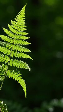 Fresh fern leaves with morning dew drops and dark nature background with copy space for text. Close up of vibrant green plant foliage in the forest for organic projects.
