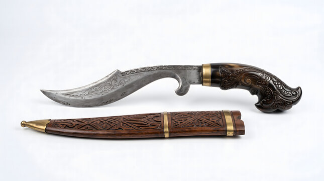Traditional Indonesian Kujang Dagger with Ornately Carved Wooden Sheath Isolated on White Background
