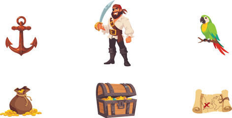 Fototapeta premium Pirate Icon Set with Captain Character Holding Sword Treasure Chest Anchor Parrot Coin Bag and Treasure Map for Adventure Vector Illustration