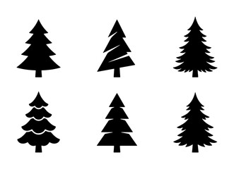 Obraz premium Six Black Silhouette Christmas Tree Vector Icons, Winter Forest Evergreen Pine Styles