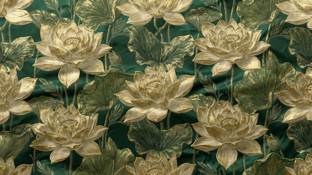 Elegant Gold Lotus Floral Seamless Pattern on Emerald Green