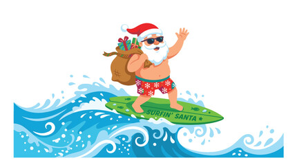 Fototapeta premium Surfing Santa Claus with a gift sack riding a surfboard on ocean waves, celebrating a tropical Christmas beach holiday