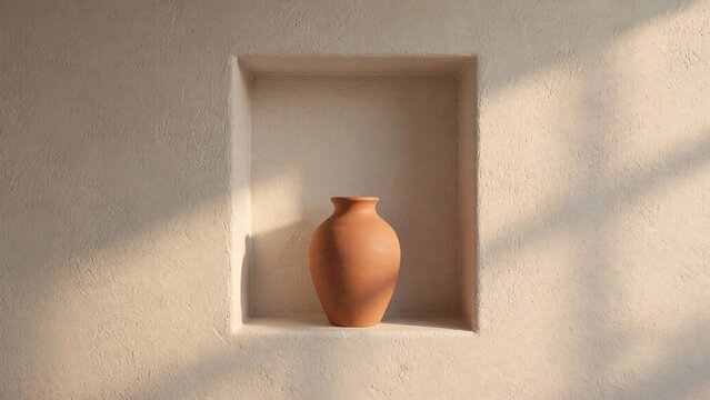Minimalist Terracotta Vase in Sunlit Niche with Shadow Play.